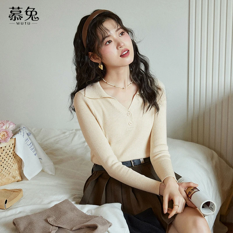 慕兔polo领正肩长袖针织衫女2025早春新款小个子修身内搭打底上衣