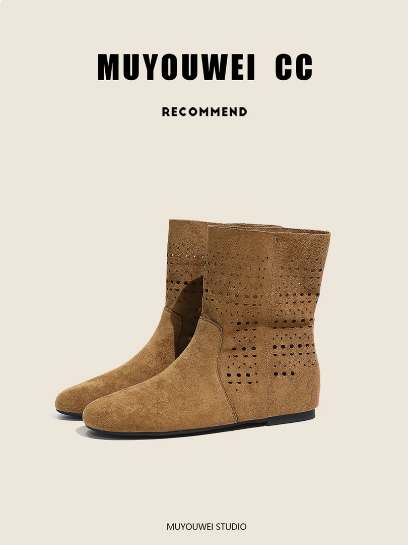 复古风镂空防滑平底短靴女2025新款中筒瘦瘦靴一脚蹬内增西部靴子