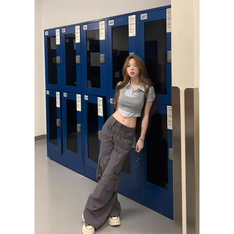 韩系学院气质短款条纹衬修身百搭显瘦吊带背心套装高腰休闲工装裤