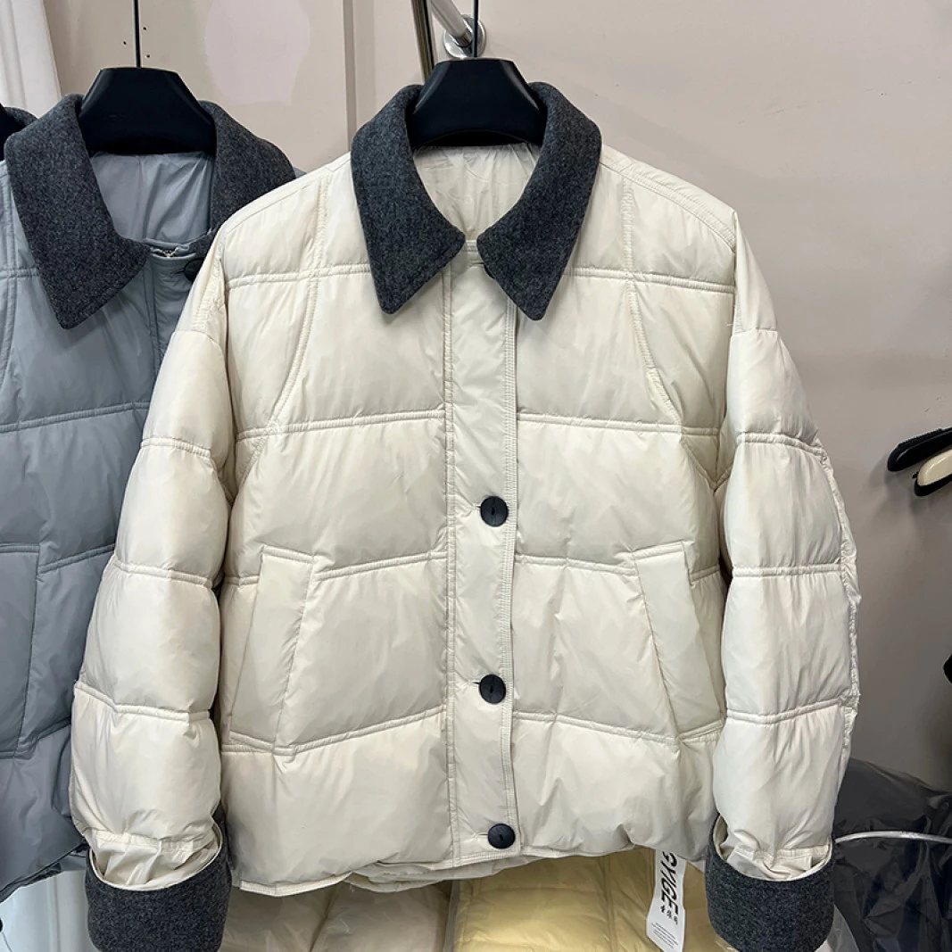 韩系撞色翻领羽绒服女2025冬季短款设计感百搭保暖外套小个子上衣