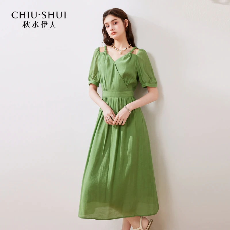 【直播】秋水伊人复古绿色连衣裙女V领收腰624205B020317