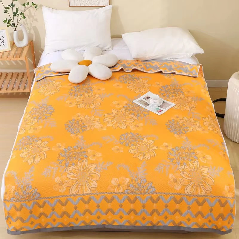 床盖-金丝菊多功能亲肤精梳纯棉纱布盖毯加厚三层双层透气单人