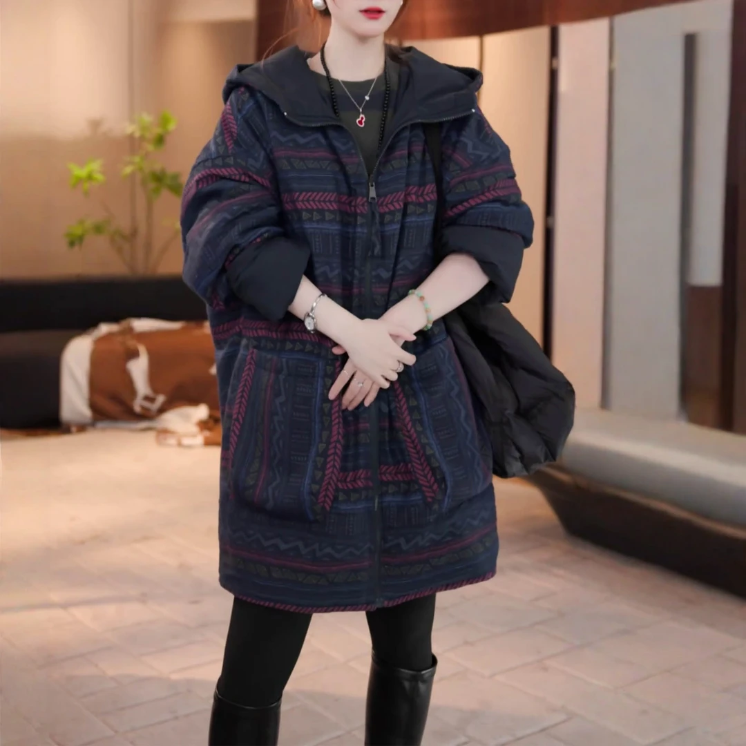 时尚气质高档中长款棉服外套2026冬季新款宽松显瘦双面穿连帽棉衣
