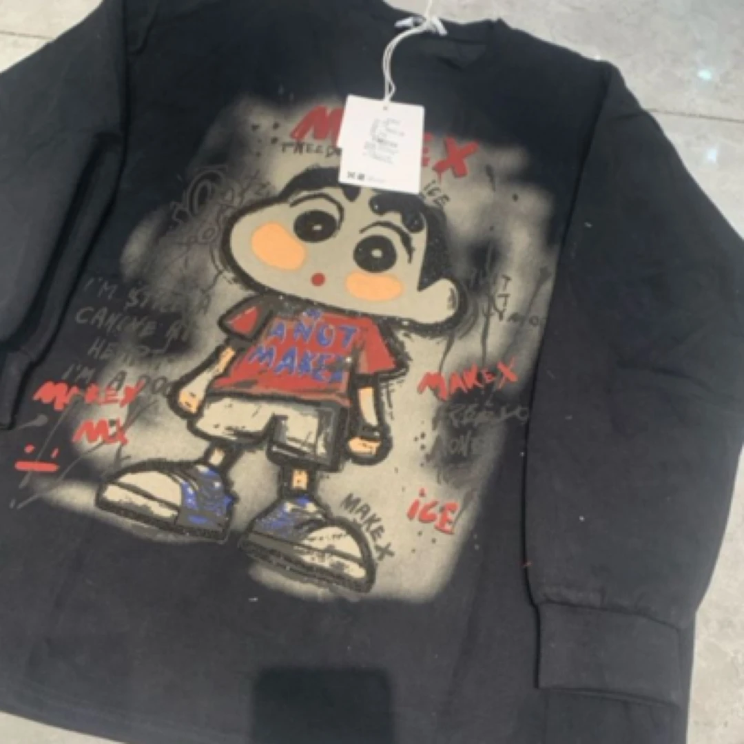 百搭小新卫衣厚款圆领卡通动漫宽松型烫钻