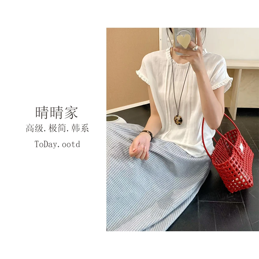 晴晴家-【里约书店】夏季韩系时尚通勤极简风爆款木耳边上衣7703