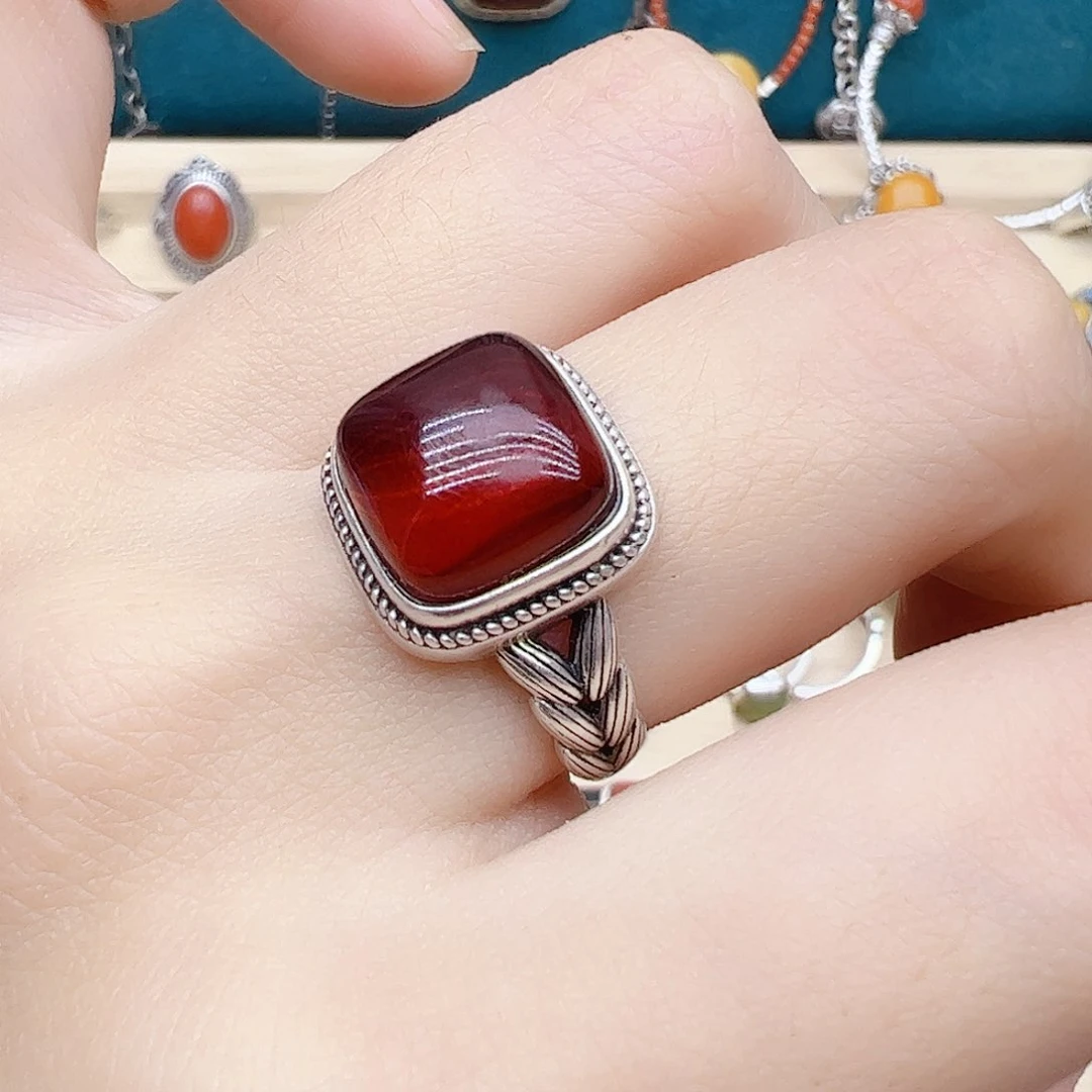 血珀戒指银S925镶嵌天然