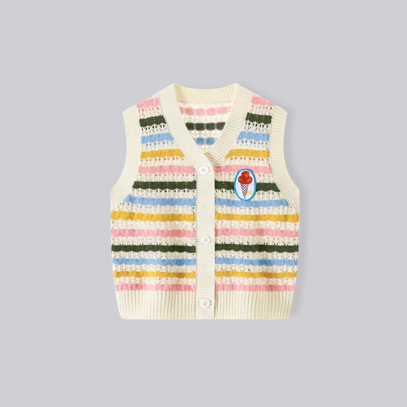 秋款针织背心条纹开衫韩版镂空v领马甲毛衣纯棉薄款无袖外套