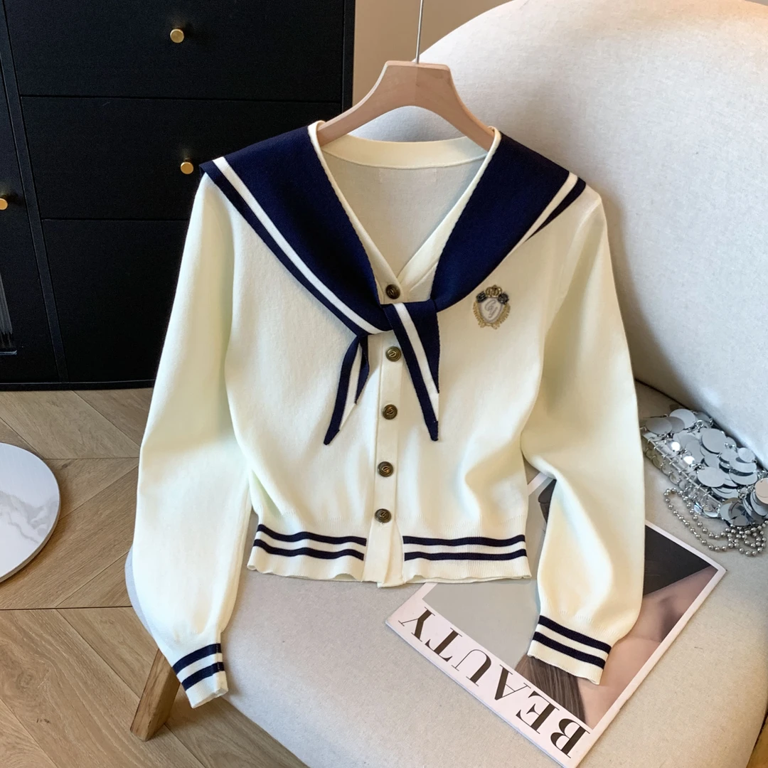 秋季新款韩版学院风海军领时尚潮洋气宽松休闲长袖针织开衫上衣女