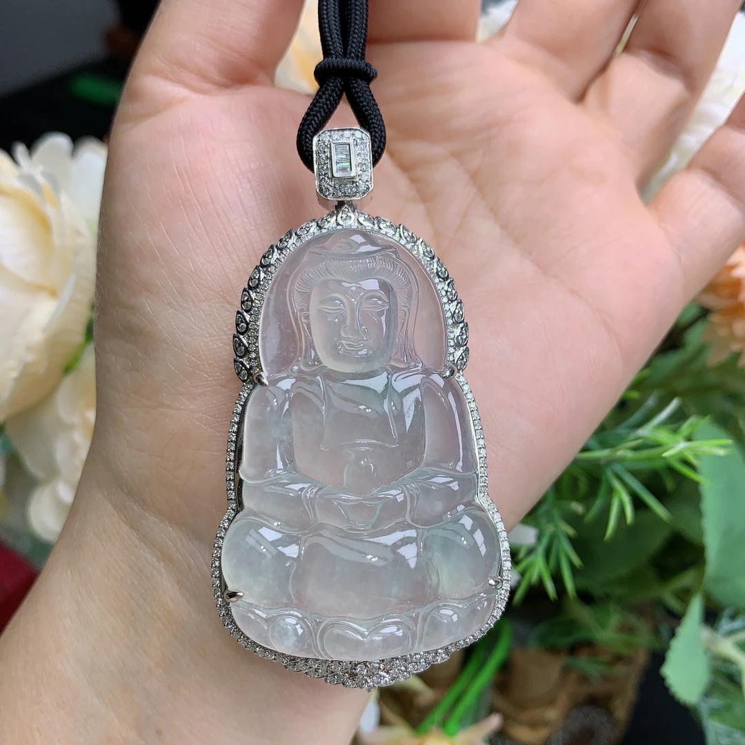 缅甸天然翡翠A18k一刀切高冰起光雪花棉观音挂件奋尺寸68/36/12.9