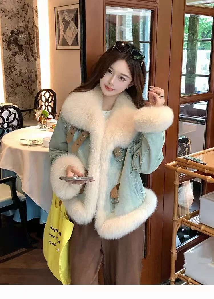 韩系毛毛领名媛蓝色牛仔外套女冬季羽绒加厚保暖皮草爆款外套