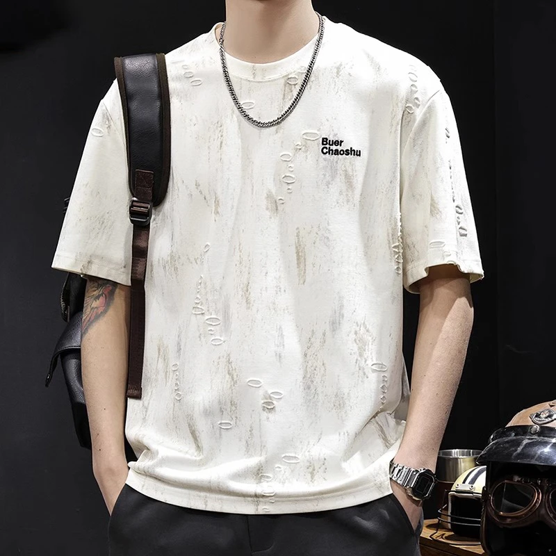 MR.MUDI/穆迪先生云染漏洞短袖t恤男士夏季新款轻奢美式潮牌体恤