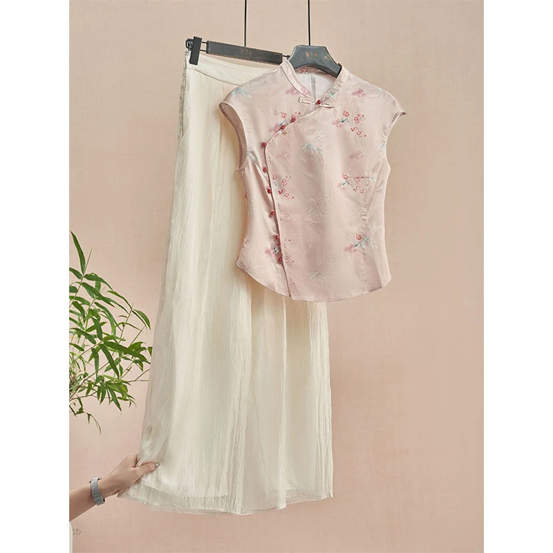 秋季新款新中式国风不撞款提花旗袍上衣搭配慵懒百搭阔腿裤两件套