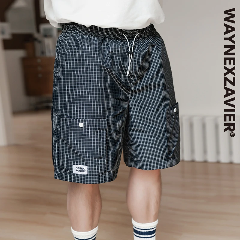 韦恩泽维尔加肥加大男装大码松紧腰格子工装弹力口袋休闲短裤9180