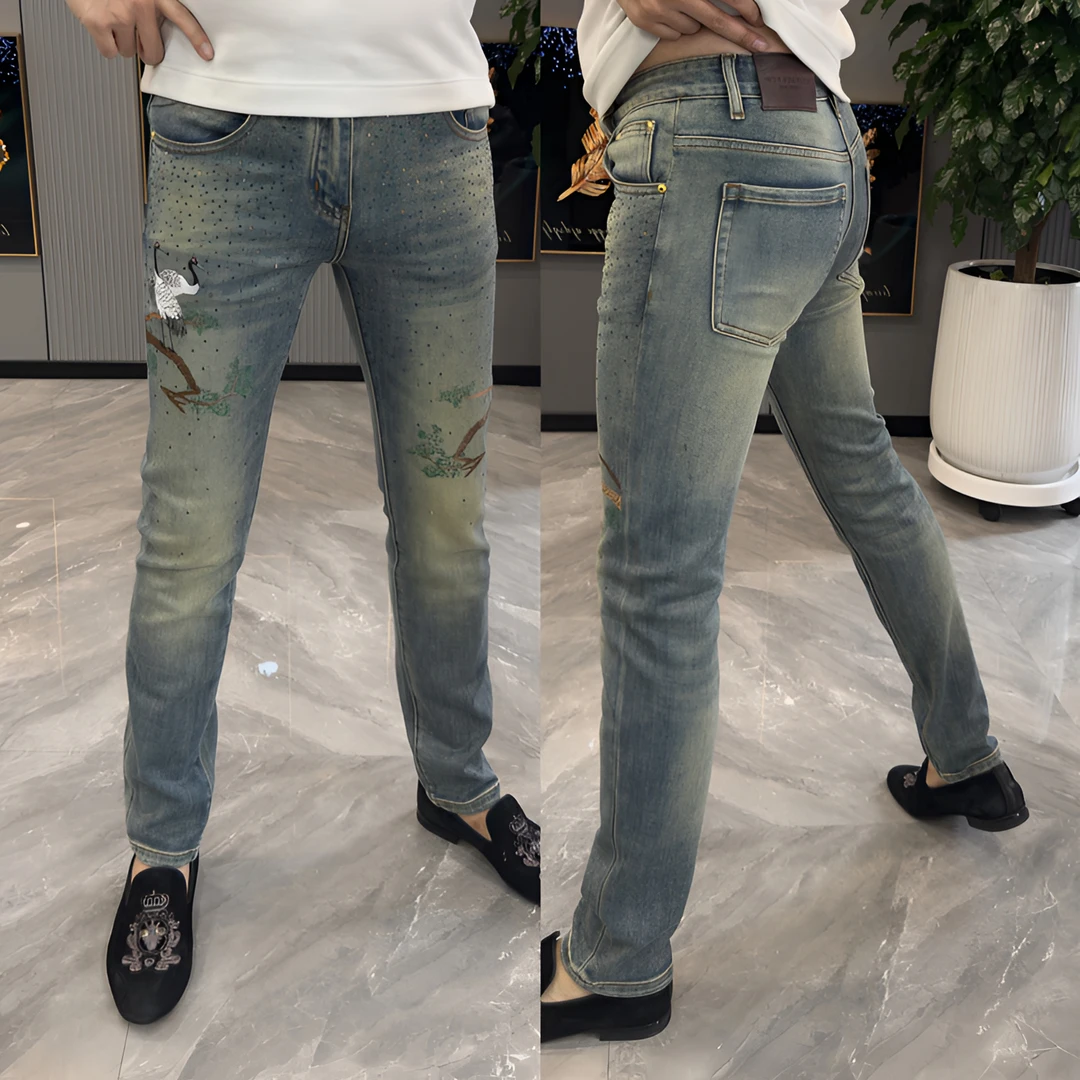 牛仔裤早秋新款时尚烫钻男裤刺绣印花牛仔裤男款爆款2025新款