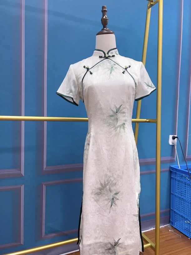 V-2633 玉竹 珍珠纱剪花 双层 夏款年轻款改良旗袍105cm长款