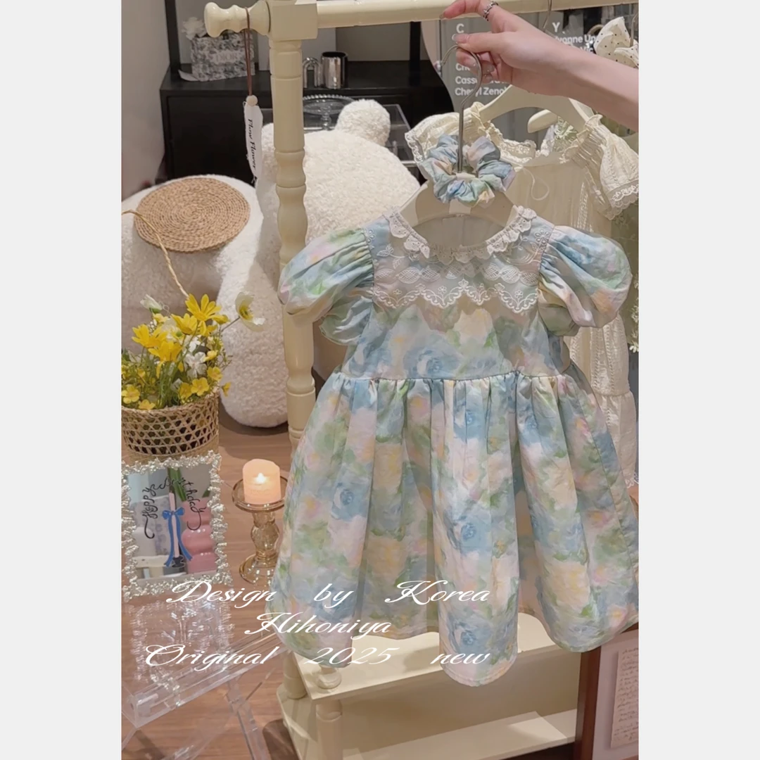 【油画】六Hihoniya~2025夏季欧若风宝宝花朵泡泡袖重工韩版连衣裙