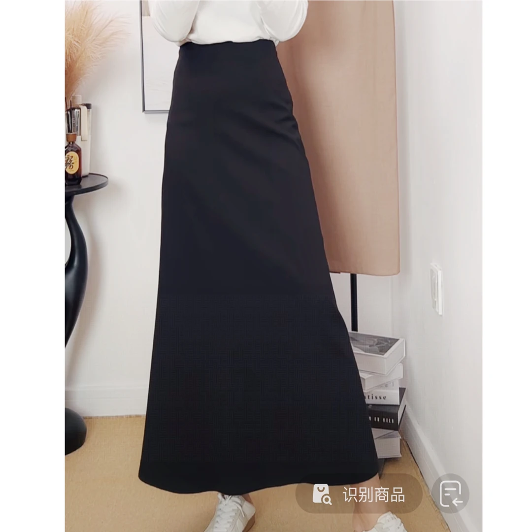 HONGSL【A字版长裙】 春秋西装面料 后开叉 连腰显瘦高个子黑色长裙