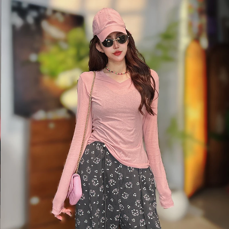 春装新款韩版V领长袖拼色T恤女时尚假两件撞色拼接上衣打底衫内搭