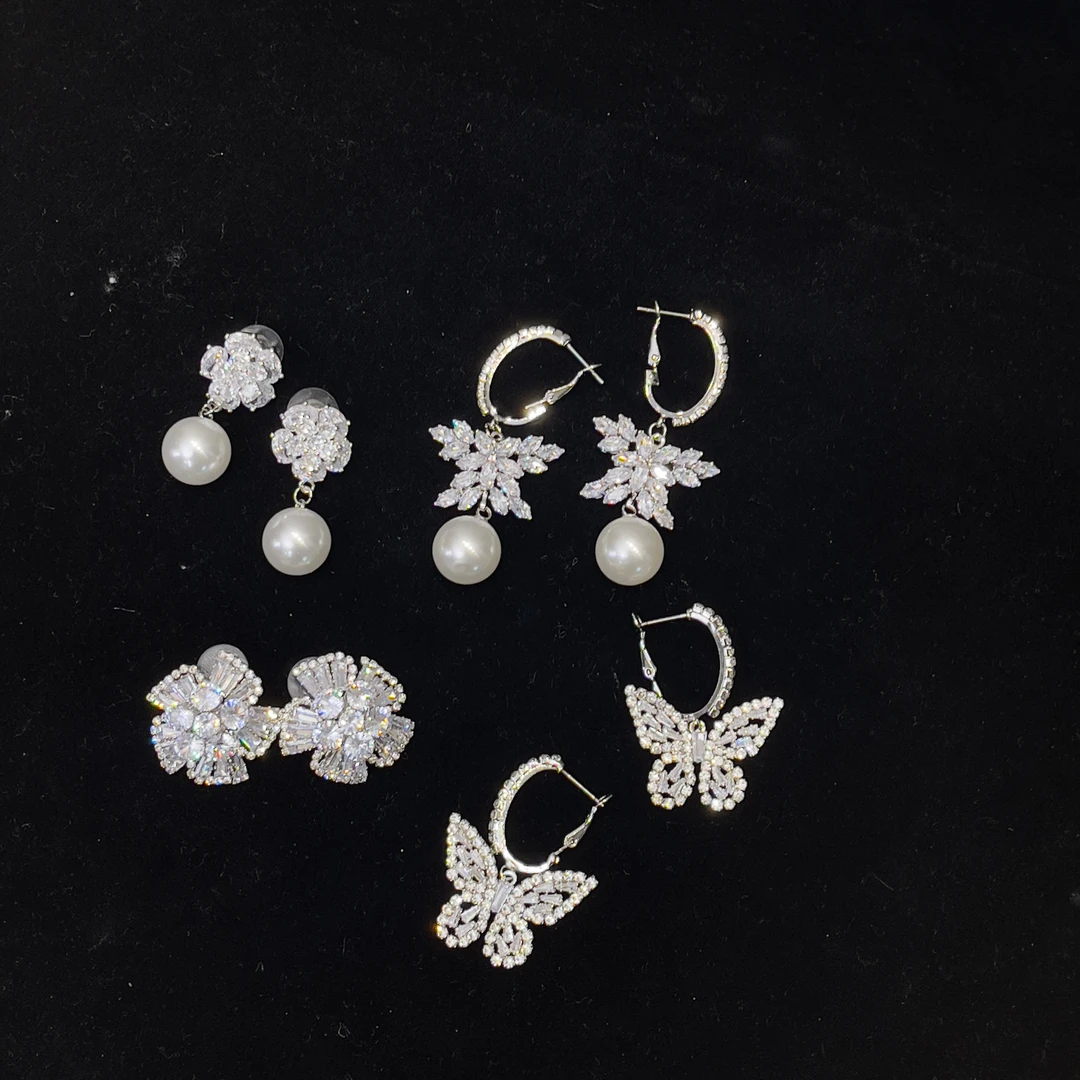 喜看优选新款韩式闪钻锆石蝴蝶珍珠耳环奢华气质风四对