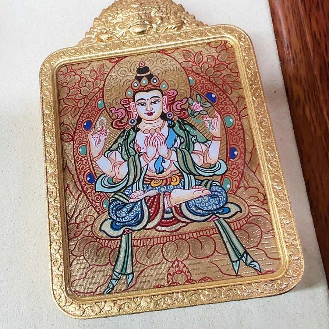 吊坠全手绘热贡唐卡四臂观音