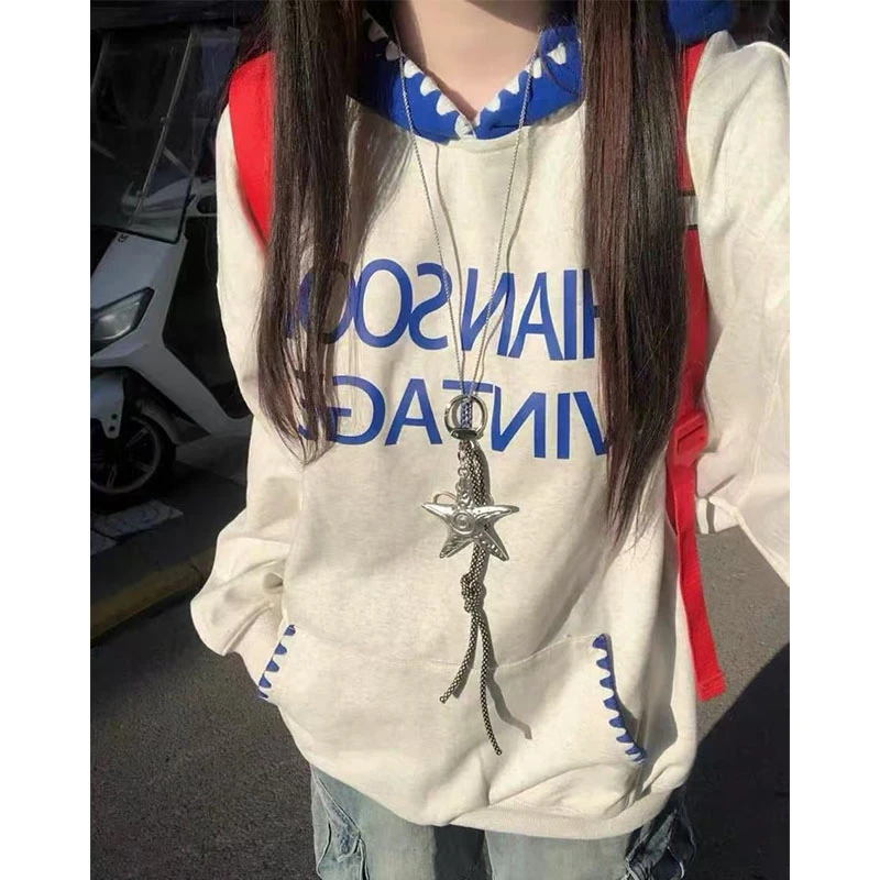 美式复古撞色字母连帽刺绣卫衣秋冬加绒加厚设计感情侣外套#WY240