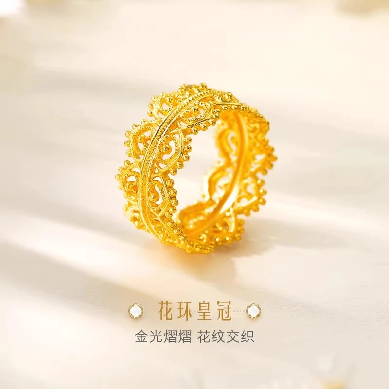 铜合金戒指 古法皇冠戒指女时尚百搭精致国风复绿色简约手工戒指