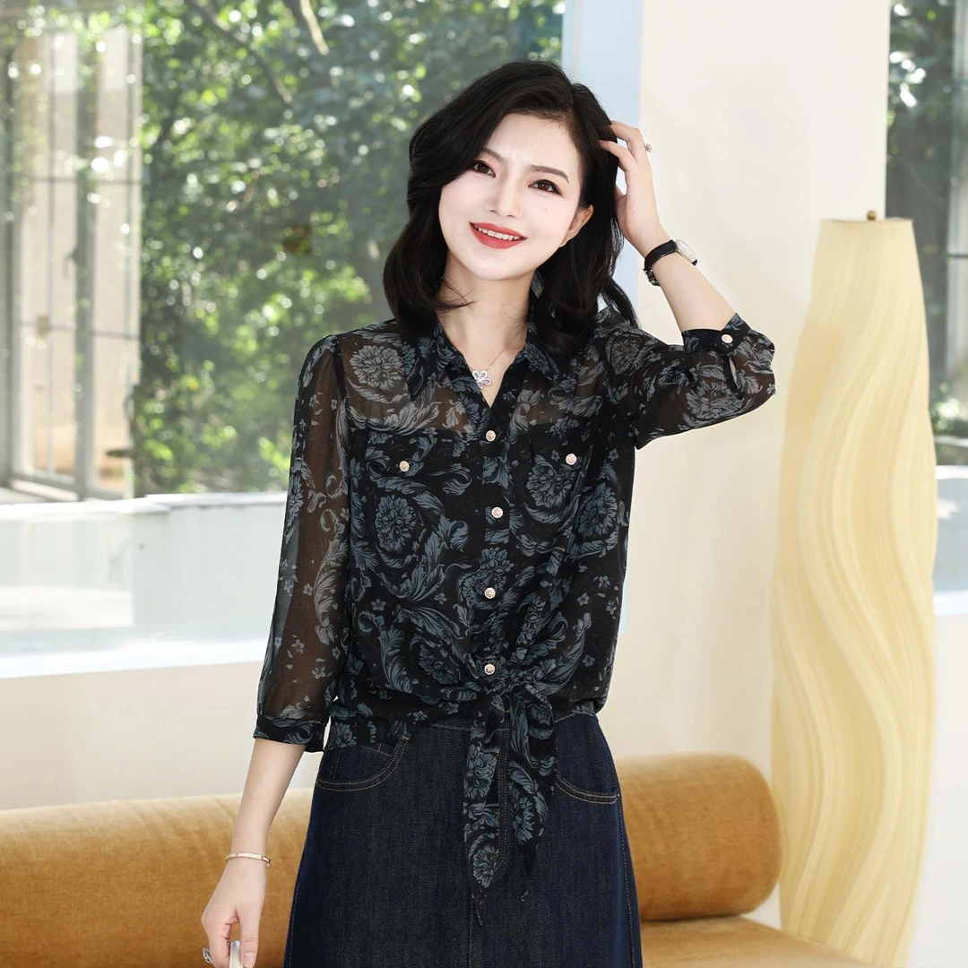 2025春秋季新款女士优雅翻领长袖下摆系带印花衬衫层次感气质上衣