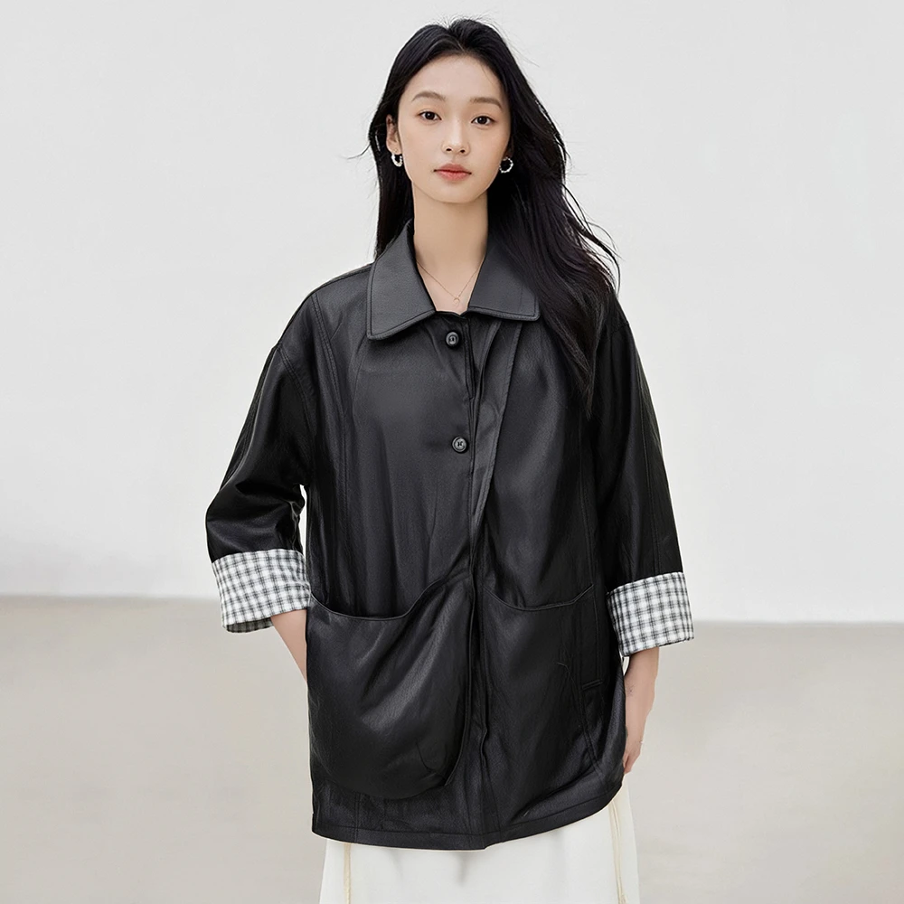 YPUT女士时尚翻领休闲PU外套YHG221127E