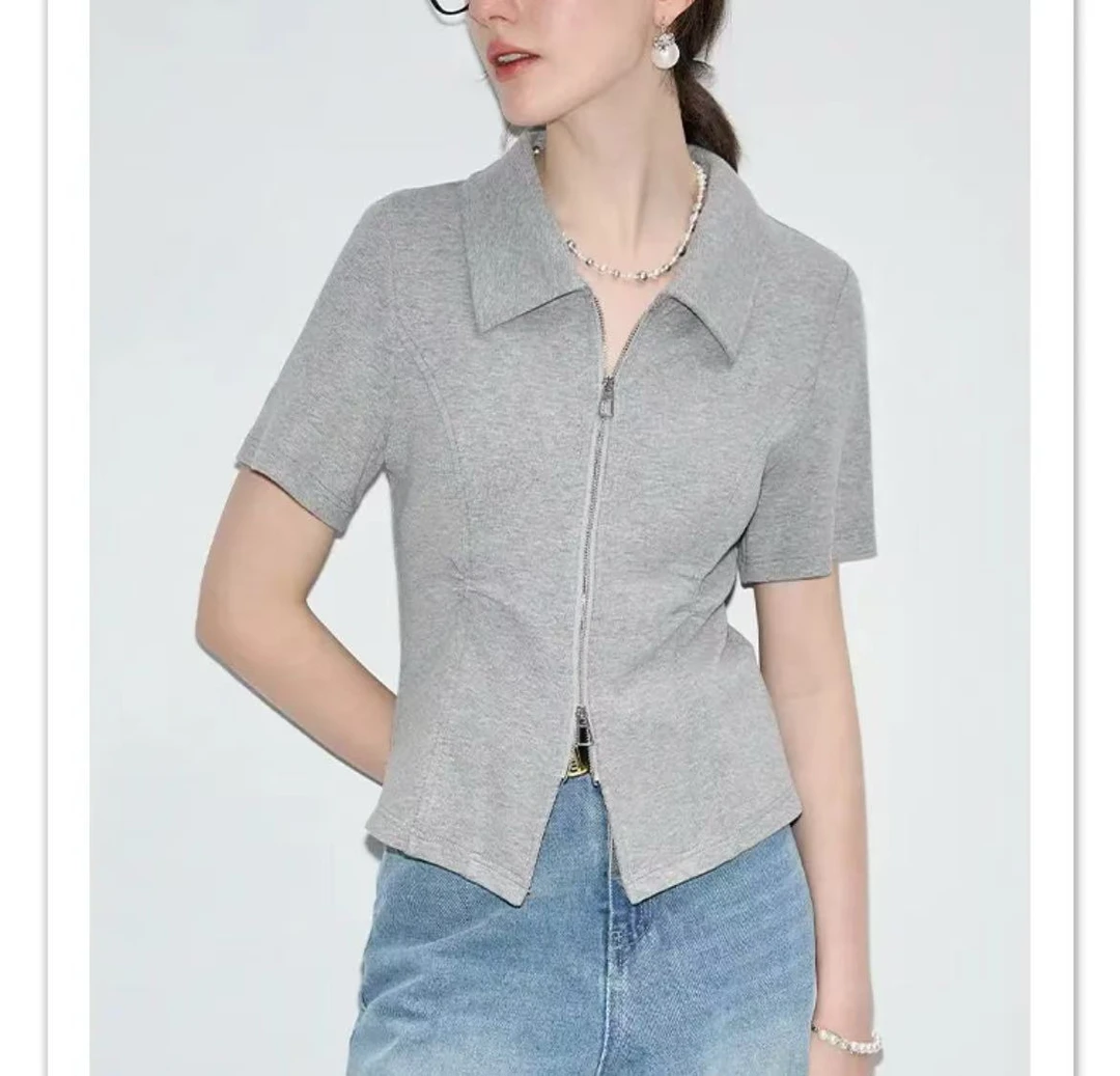 微胖polo衫短袖t恤女新款爆款拉链上衣春夏修身女装DFL11165