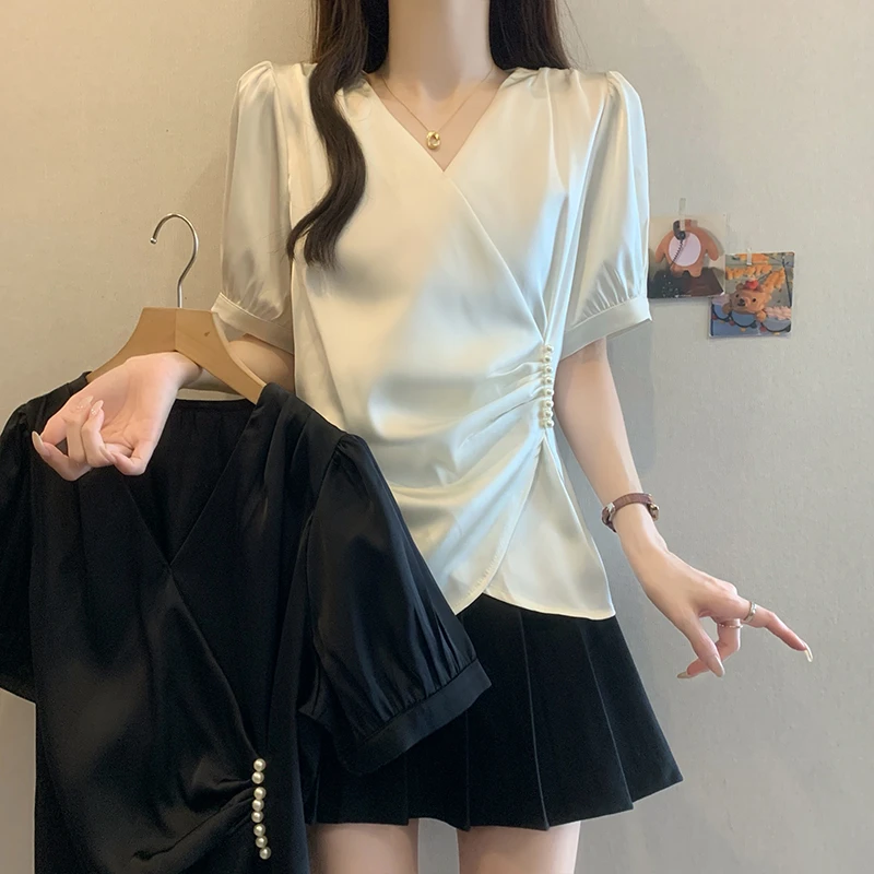 小香风V领短袖女2025夏季新款洋气钉珠褶皱收腰短款上衣-YY16793