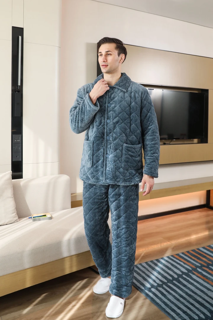 男士三层夹棉睡衣加绒加厚2024冬季毛绒家居服外穿运动保暖两件套