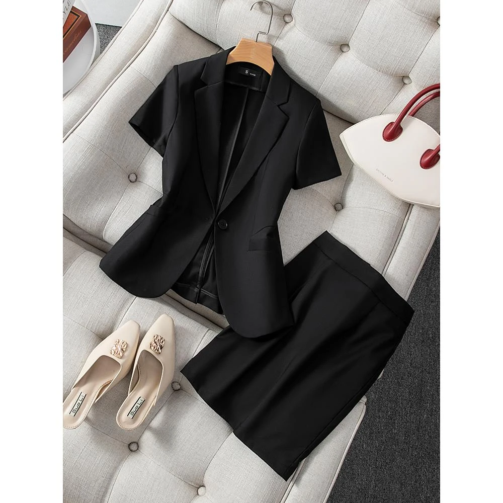 黑色西装洋气女士短袖夏季薄款前台珠宝店职业装气质西服休闲外套