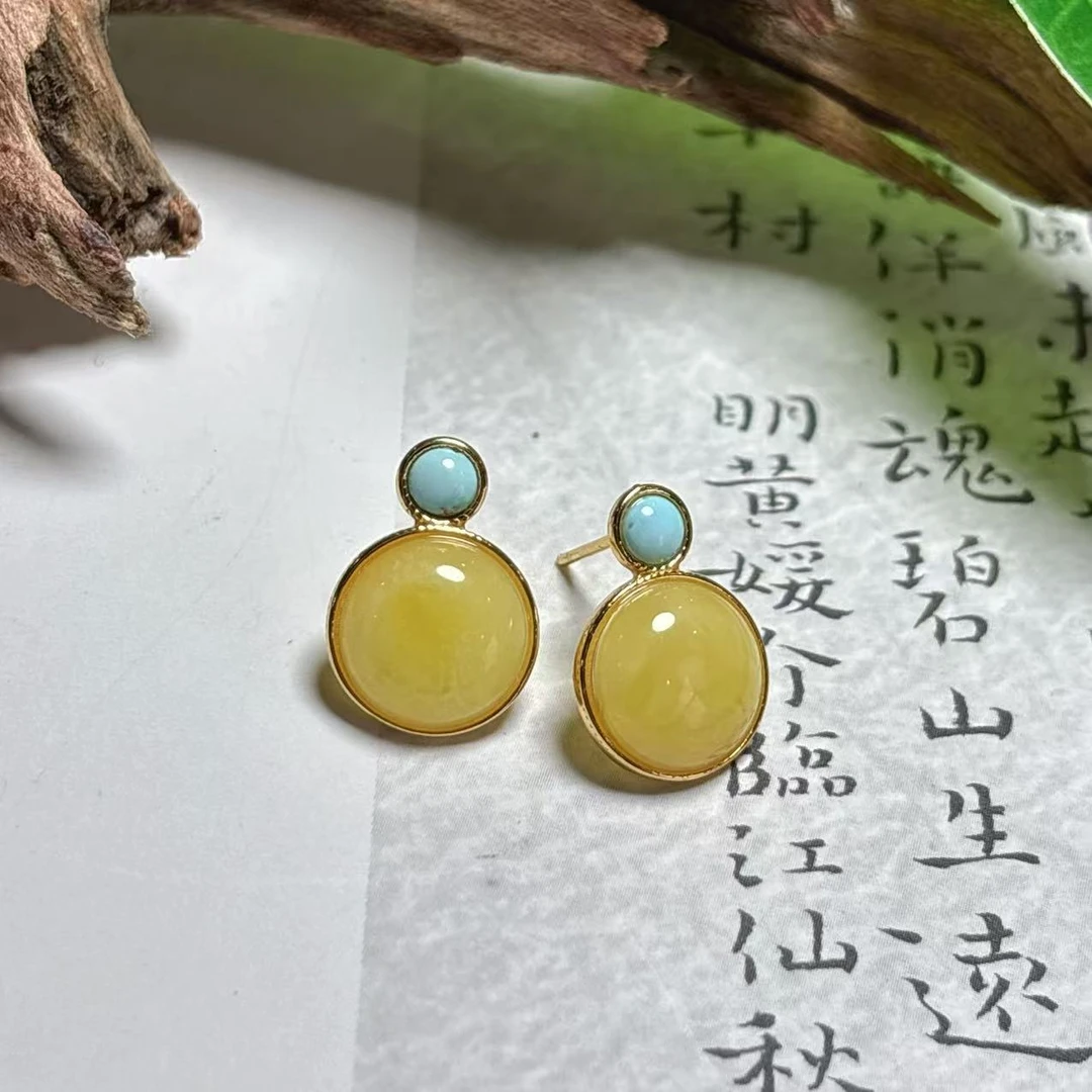 《铁头老猪》XYJ575天然蜜蜡蛋面耳钉S925银针多样性发其一