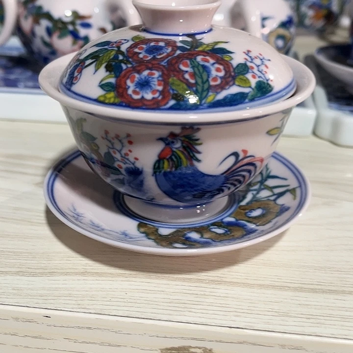 瓷片王****鹿景德镇陶瓷盖碗。红