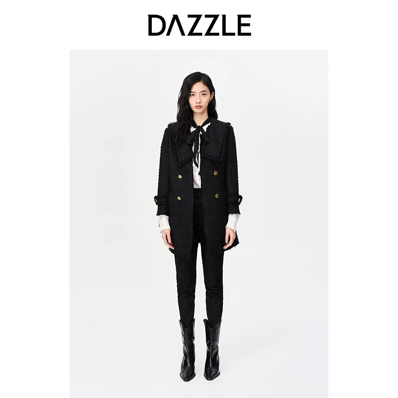 DAZZLE地素款中长翻领粗花呢毛呢衣2E4G2021A