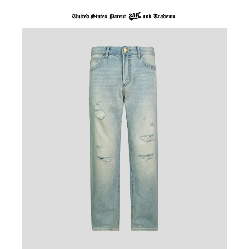 23R+夏季薄款怀旧蓝潮流破洞水洗休闲高品质小弯刀版型弹力牛仔裤