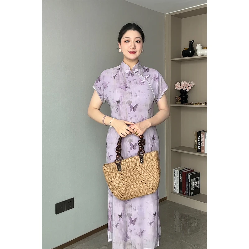 紫色蝴蝶旗袍微胖mm大码气质复古新中式日常可穿改良版长款连衣裙