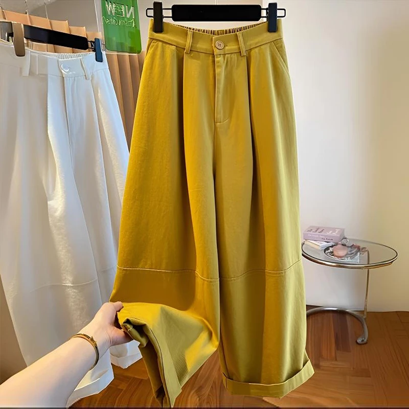 【100%棉】黄色九分阔腿裤女2025春夏新款宽松显瘦气球裤休闲工装裤
