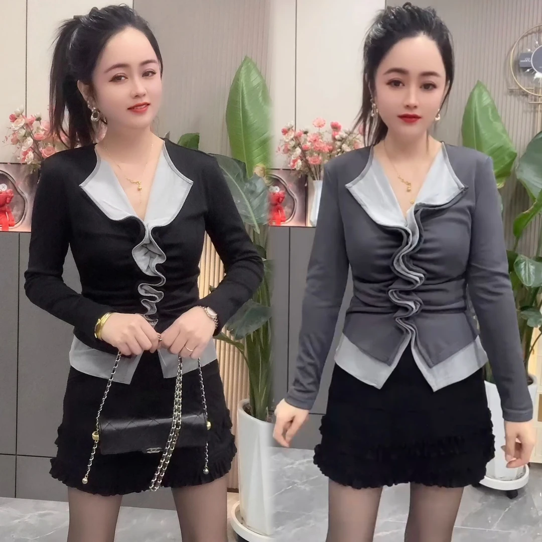 2025秋冬新款撞色拼接翻领设计气质常规款女T恤修身打底衫法式