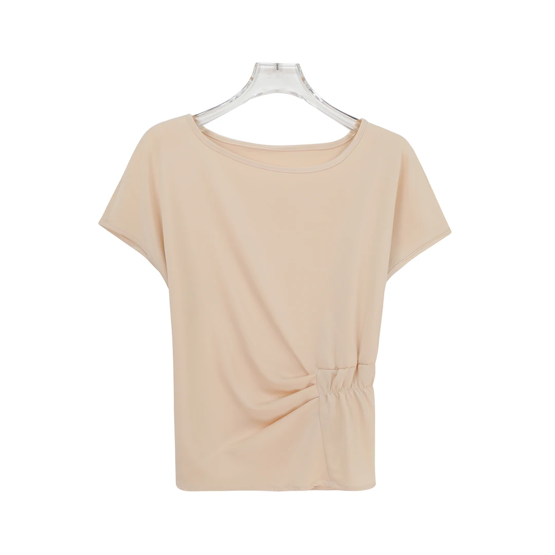 缎面纯色短袖不规则褶皱收腰显瘦上衣Z288