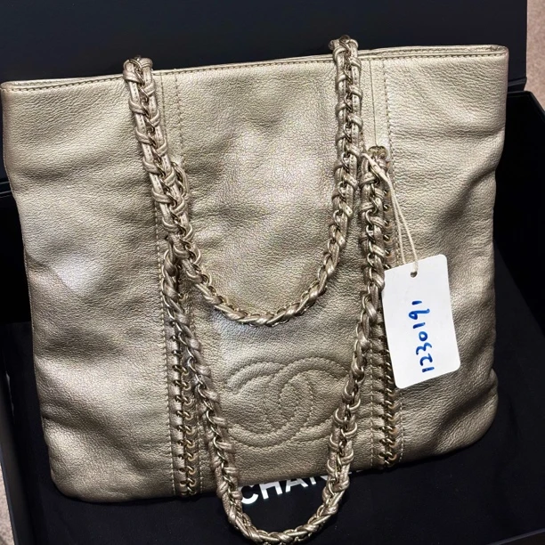 95新 Chanel/香奈儿 夏七中古/香槟金链条托特包/1230191