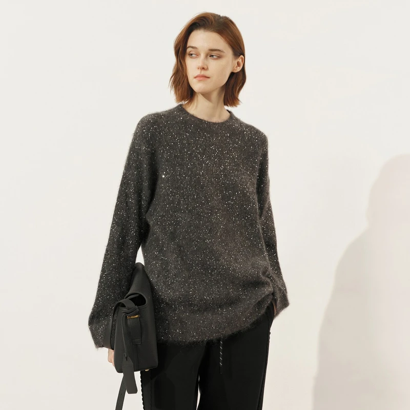 U/TI灰色亮片毛衣女冬季新款宽松显瘦上衣闪钻设计百搭圆领针织衫