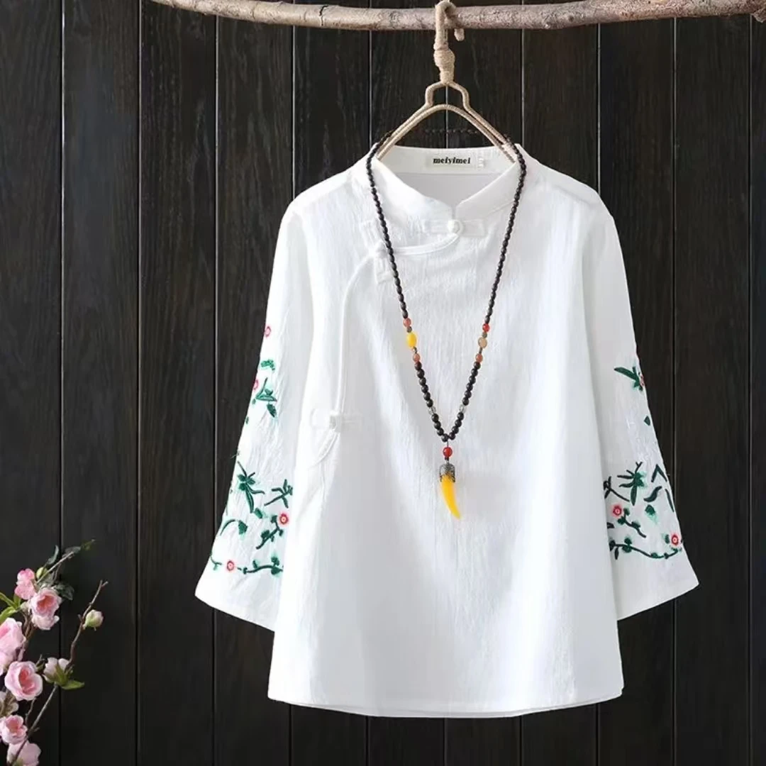 【现货+当天发】中国风女复古文艺绣花斜襟上衣禅意女采茶服334