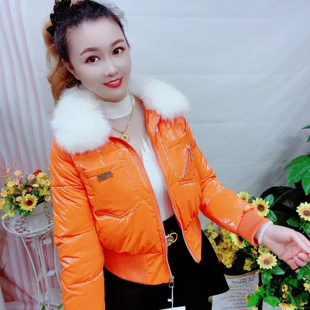 短款亮面免洗高腰带毛领女士秋冬洋气保暖棉服