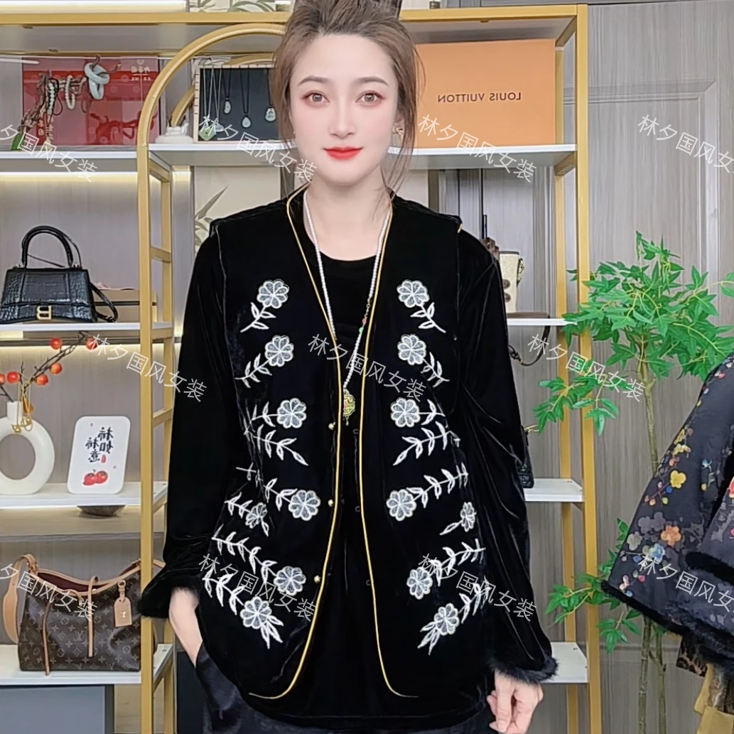 新中式加棉刺绣大码女装冬季马甲