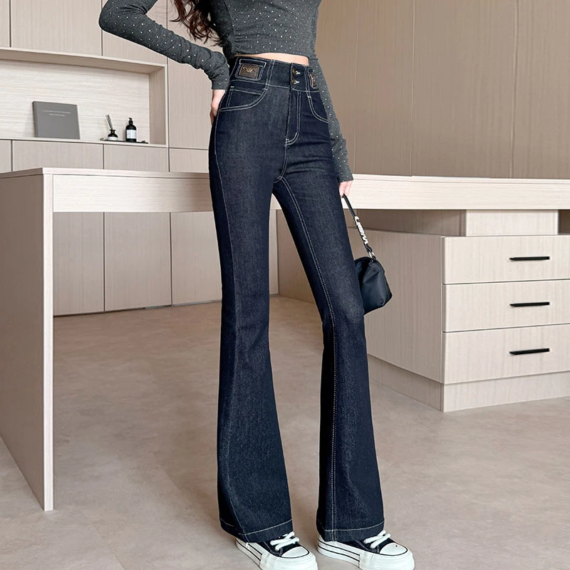 不掉色丹宁蓝新款微喇叭小个子牛仔裤女高腰修身显瘦弹力百搭裤子