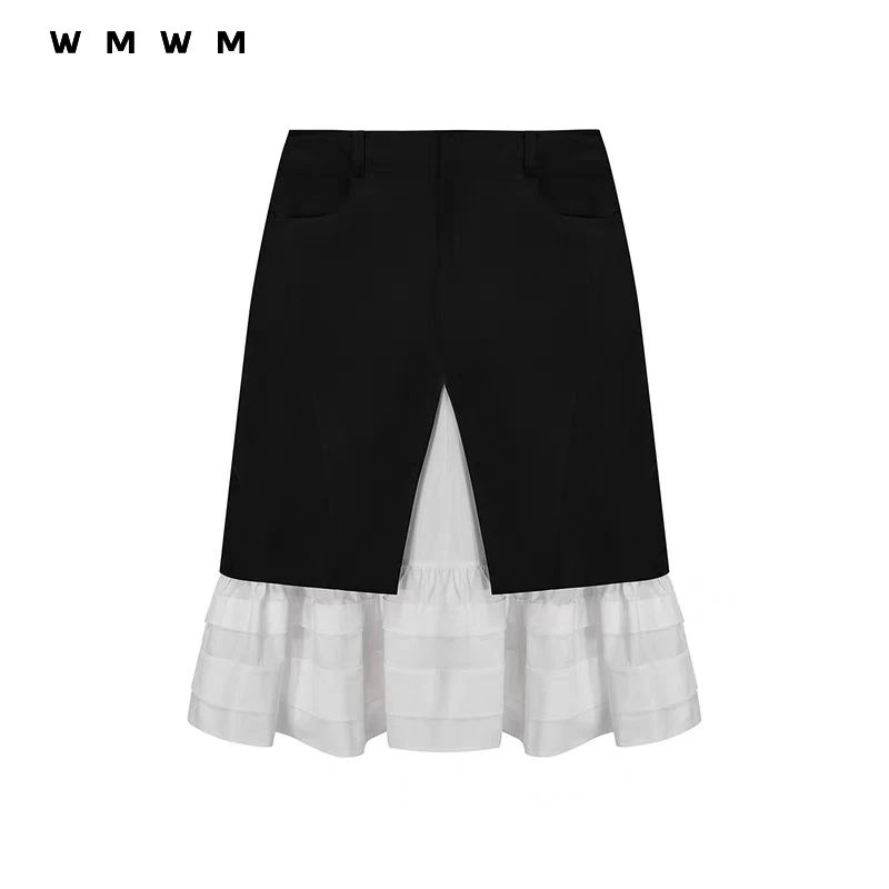 WMWM 2025春装新款流行设计感高级休闲学院风拼接鱼尾下摆半裙女