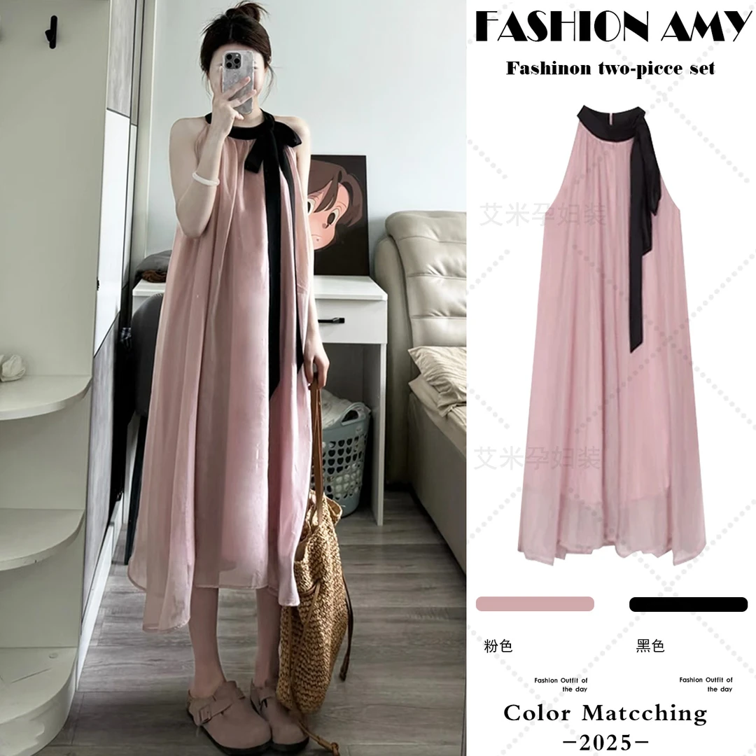 孕妇连衣裙夏季新款时尚韩版小个子轻奢高级感宽松显瘦挂脖吊带裙