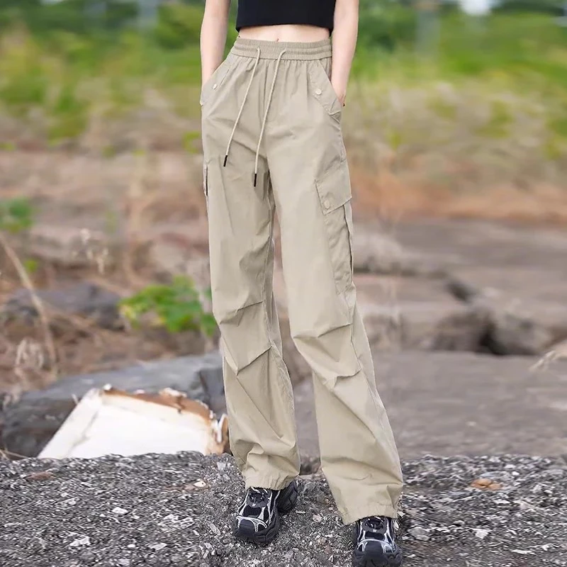 拉夏贝尔美式直筒工装裤女夏季2025新款休闲高腰宽松运动束脚裤子