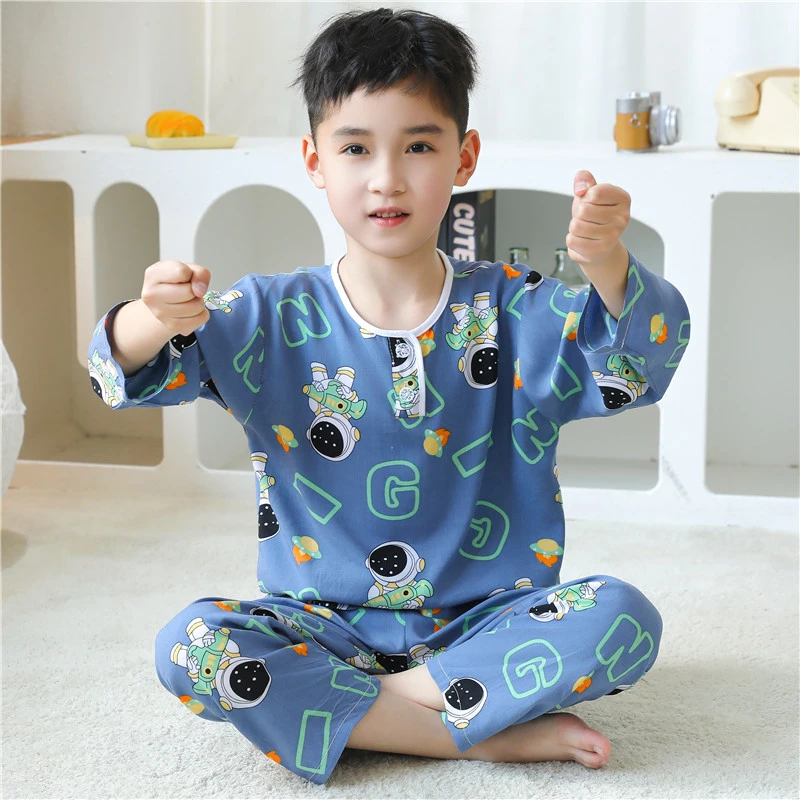 儿童睡衣棉绸薄款长袖长裤宝宝男孩女童棉绸人造棉空调家居服套装